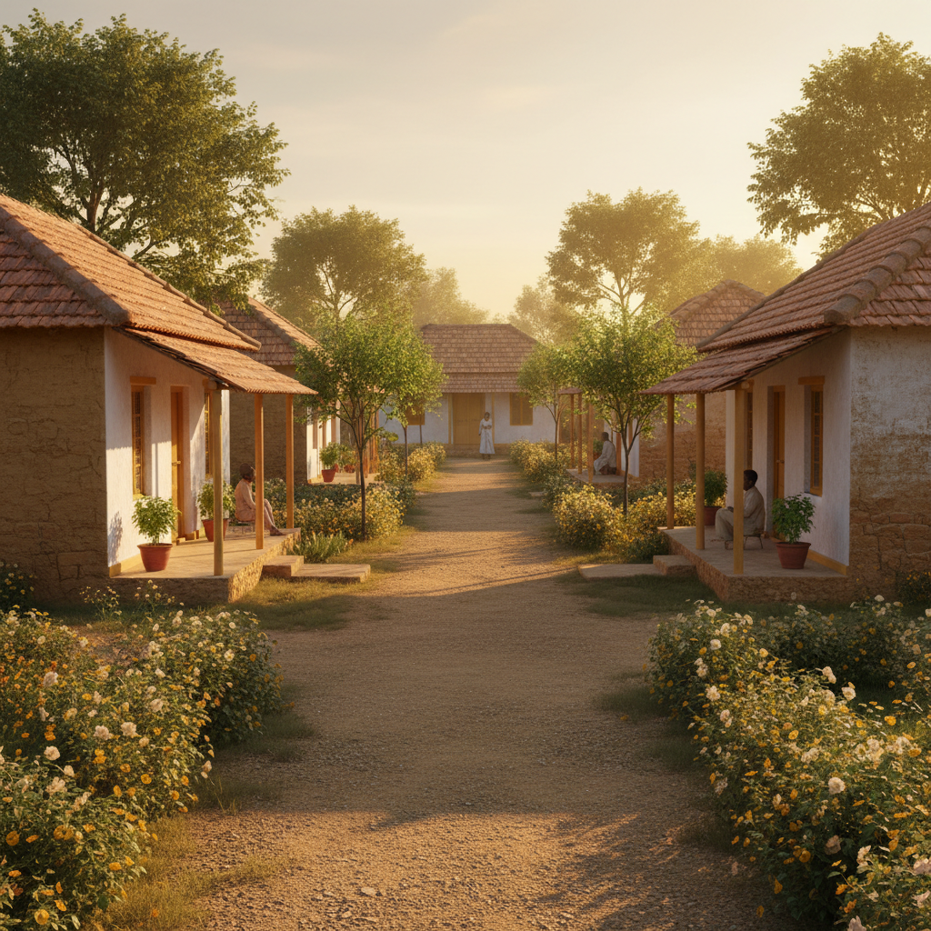 A tranquil village lane representing Bhaktiville, showing a row of simple, earth-toned houses with clay-tile roofs and whitewashed walls accented by saffron borders. Each home has a small, neatly swept front porch with potted tulasi plants in unglazed clay pots. The unpaved path, made of compacted earth, meanders gently through the scene, bordered by low, flowering hedges and young trees. Late afternoon sunlight bathes the lane in a warm, golden glow, highlighting textures of the walls, tiles, and foliage while casting elongated, soft shadows along the path. Photographed from a slightly elevated, wide-angle perspective in photographic realism, with sharp focus across the frame, the atmosphere is welcoming, simple, and community-oriented, visually expressing the ideal of high thinking and simple living in a peaceful spiritual neighborhood.
