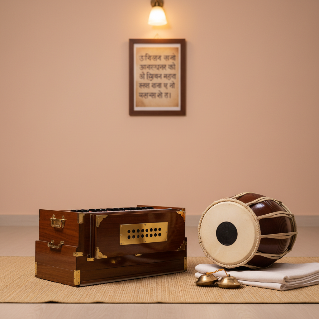 A clean, well-organized kirtan room in a community center, captured without any people, highlighting devotional instruments awaiting use. In the foreground, a harmonium with polished wooden casing and gleaming metal stops sits on a simple woven mat. Beside it rests a mridanga drum with taut, cream-colored drumheads and a smoothly finished clay body, and a pair of kartals placed neatly atop a folded cotton cloth. The background shows plain, soft-colored walls with a simple framed calligraphic Sanskrit verse. Warm, overhead ambient lighting and a subtle side lamp create gentle, even illumination with mild shadows beneath the instruments. Shot at eye level in photographic realism with moderate depth of field, the scene feels calm, anticipatory, and reverent, suggesting communal devotional practice without depicting any participants.