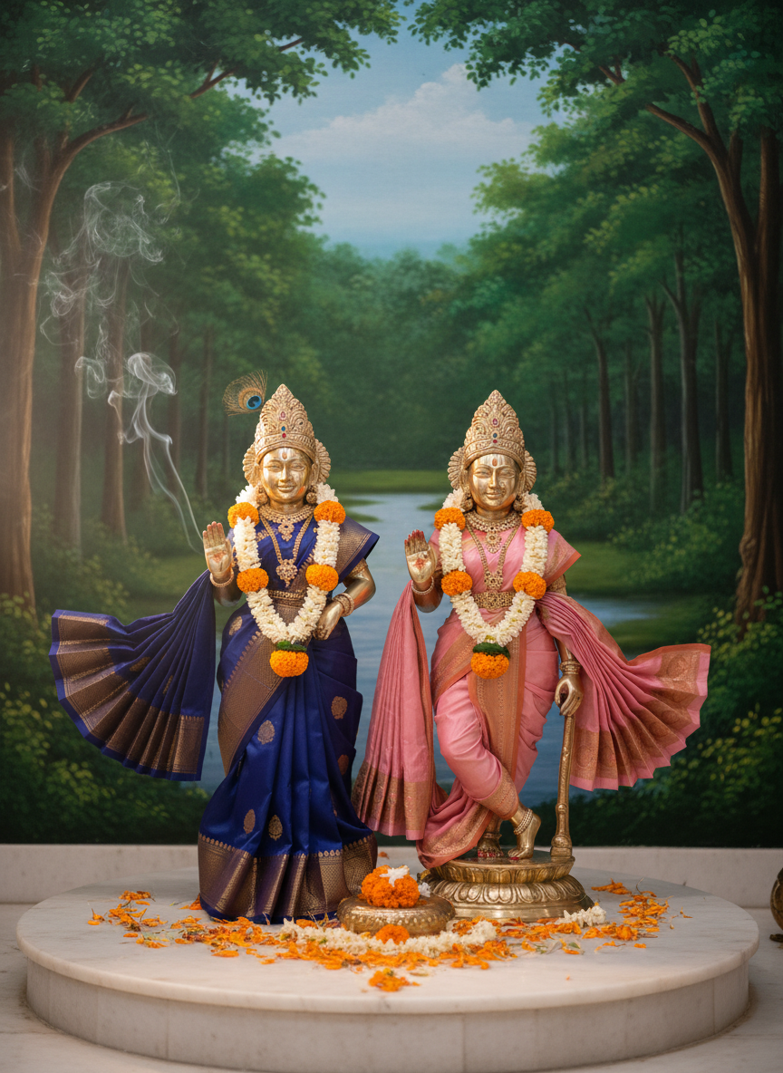 A serene temple altar dedicated to Radha and Krishna, featuring two intricately carved brass deities polished to a warm golden sheen, adorned with vivid silk garments in deep sapphire and soft rose. They stand on a smooth white marble pedestal sprinkled with fresh marigold and jasmine petals. Behind them, a hand-painted backdrop of Vrindavan forests adds rich greens and soft blues. Gentle early-morning light filters in from an unseen window, catching the metallic details and casting delicate shadows on the marble. Incense smoke curls upward in soft, translucent layers. Photographed at eye level in photographic realism with a shallow depth of field, the deities are in crisp focus while the background softly blurs, creating a calm, devotional, and contemplative atmosphere suitable for a spiritual community homepage.