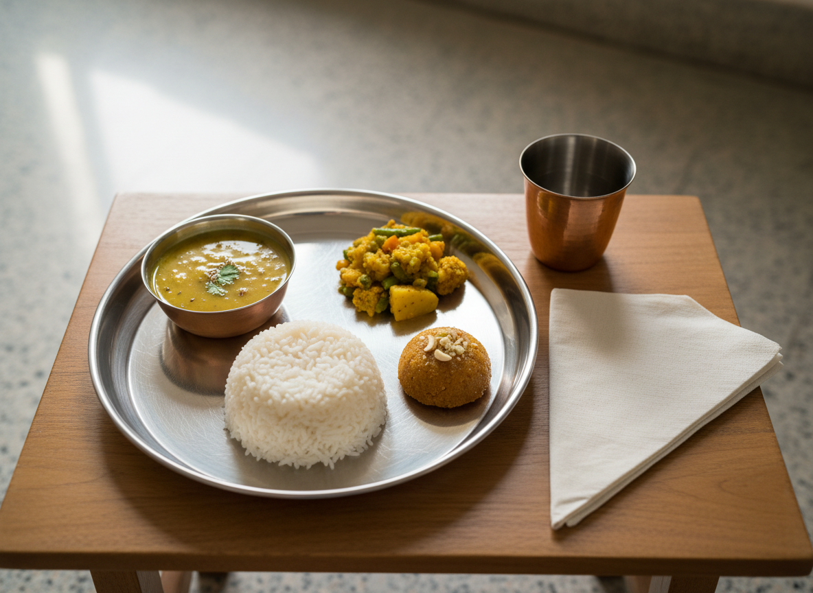 An overhead view of a simple, sattvic vegetarian meal arranged on a low wooden floor table in a Vaishnava community center. A stainless steel thali gleams softly, divided into portions: a neat mound of steaming white rice, a small bowl of golden dal with visible cumin and coriander seeds, a sabji of mixed seasonal vegetables in gentle saffron tones, and a small serving of sweet halava with cashew pieces. A copper water cup and a folded, plain cotton napkin in off-white sit beside the plate. Soft, diffused daylight from above and slightly to one side creates gentle reflections on the metal and subtle shadows around the dishes. Photographic realism with moderate depth of field, calm and inviting mood, conveying simple living and gratitude in a clean, uncluttered composition.