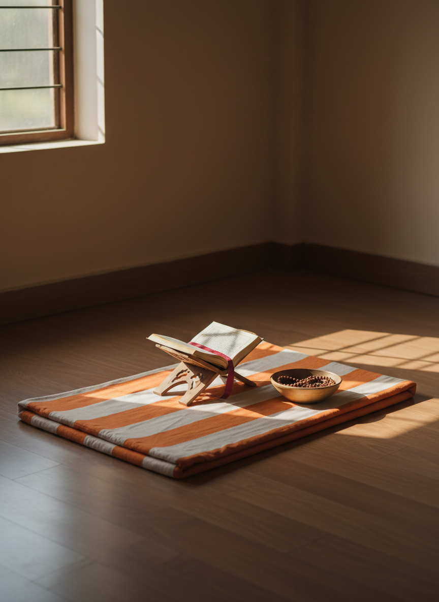 A simple, sunlit meditation corner in a modest ashram room, centered around a neatly folded saffron and cream-colored cotton mat placed on a smooth, matte wooden floor. In front of the mat sits a small, low wooden stand supporting an open Bhagavad Gita with slightly worn pages and a cloth bookmark in deep crimson. Beside it rests a string of tulasi beads coiled neatly in a natural clay bowl. Soft, diffused afternoon light enters through a high window, creating gentle rectangular patches of light and subtle shadows. The mood is peaceful and introspective. Captured from a slightly elevated angle in photographic realism with balanced composition and moderate depth of field, the scene emphasizes high thinking and simple living, with uncluttered surroundings and a quiet, focused atmosphere.