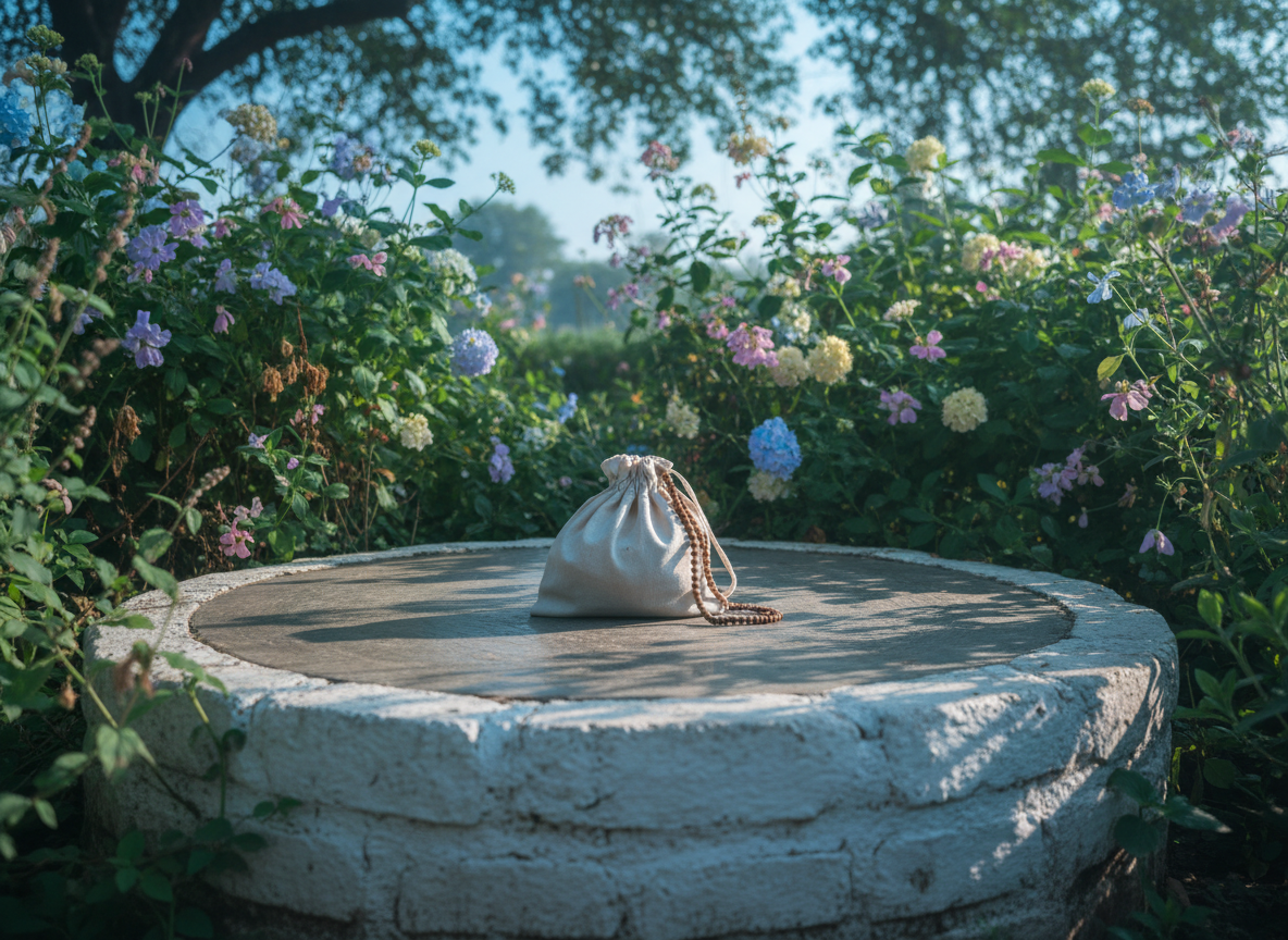 A secluded outdoor meditation space within a rural Vaishnava community, focused on a smooth stone platform encircled by low, whitewashed brick edging. At the center of the platform rests a single, unadorned wooden japa bead bag made of natural cotton, its soft folds clearly visible, with a tulasi mala subtly peeking out of the opening. Surrounding the platform are lush green bushes and flowering plants in gentle pastel hues, hinting at a garden without showing any figures. Early morning light with a cool, bluish tint filters through tree branches above, creating dappled patterns and soft shadows across the stone. Captured at a slightly low angle in photographic realism with a gentle bokeh effect on the foliage, the mood is deeply serene, contemplative, and conducive to personal devotional practice.