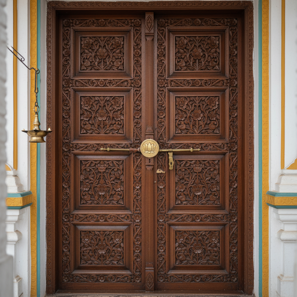 A close-up, detail-rich view of a traditional Vaishnava temple doorway, focusing on the ornate, hand-carved wooden doors stained a deep walnut brown with subtle gloss. The doors feature delicate floral and geometric patterns, and at the center, a brass lotus motif stands out with a soft, reflective surface. Around the frame, white plaster walls are decorated with understated saffron and teal painted borders. A small brass lamp with multiple wicks, unlit but filled with clarified ghee, hangs to one side. Soft, indirect daylight illuminates the wood grain and carvings, creating gentle shadows in the recesses. Captured straight-on in photographic realism with shallow depth of field keeping the doorway sharp and the outer edges slightly blurred, the mood is reverent, inviting, and quietly majestic, suggesting entry into a sacred, devotional space.