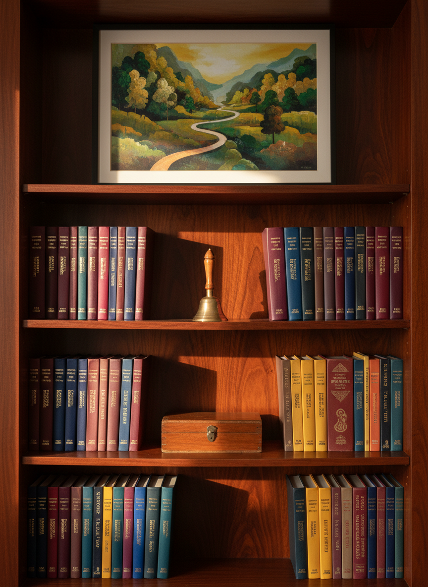 A polished wooden bookshelf dedicated to Vaishnava philosophy, filled with neatly arranged hardbound scripture volumes in rich maroon, navy, and saffron cloth covers, their gold-embossed Sanskrit and English titles clearly readable. A small brass kirtan hand bell and a wooden kartal case rest on the middle shelf, adding devotional detail. The top of the bookshelf bears a framed, abstract landscape of Vrindavan groves without depicting figures. Warm, indirect golden-hour light from the side casts soft highlights along the book spines and smooth wood grain, creating a scholarly yet devotional feel. Photographed straight-on in photographic realism with sharp focus throughout, the composition uses the rule of thirds and a clean, professional aesthetic to suggest a community dedicated to deep study and thoughtful discussion.